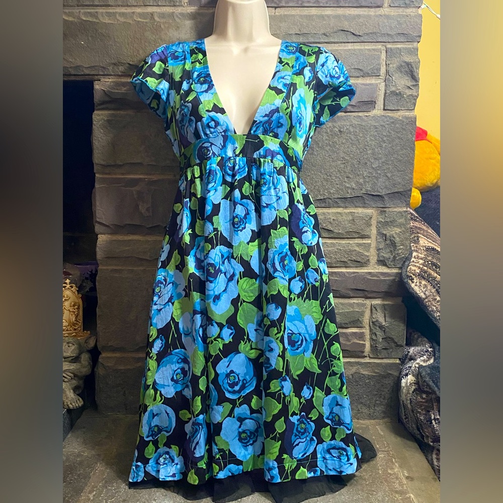 NWOT,Free People silk dress,blue and green rose print kimono cut,size 0